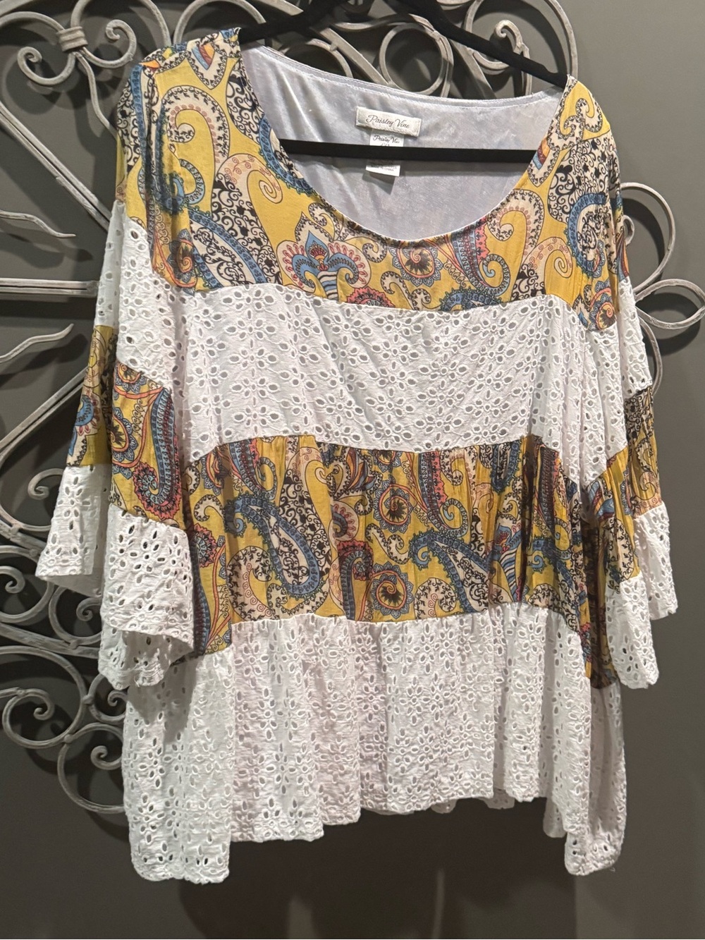 Women’s plus Boho Eyelet Peasant  Paisley top patchwork sz 2x Paisley & vine